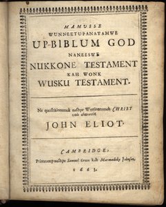 Portada de Mamusse wunneetupanatamwe Up-Biblum Good, 1663 de American School