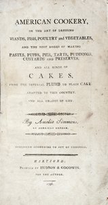 Página de título de Cocina americana, escrita por Amelia Simmons, publicada por Hudson & Goodwin, 1796