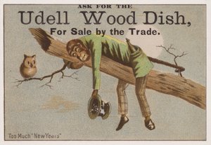 Demasiado Año Nuevo, tarjeta comercial que anuncia platos de madera Udell de American School