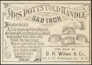 Tarjeta comercial para el mango frío de la señora Potts, c.1870-1900 de American School