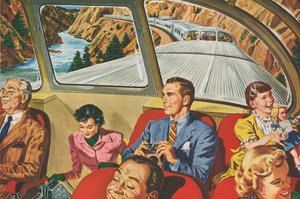 Viajeros disfrutando de un viaje en tren futurista de American School