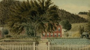 Vista de una casa roja con una cerca de estacas, 1854 de American School