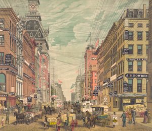 Vista antigua de Broadway en Nueva York, c.1880 (cromolitografía) de American School