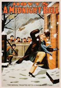 Póster vintage de niños lanzando bolas de nieve a un hombre, 1890-99
