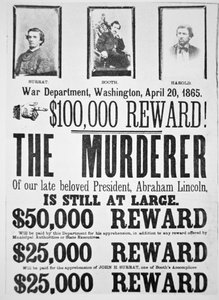 Cartel del Departamento de Guerra de Washington anunciando una recompensa de $100,000 por encontrar al asesino de Abraham Lincoln (1809-65) 20 de abril de 1865 de American School