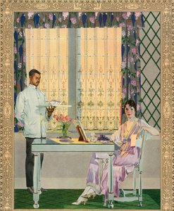 Mujer adinerada siendo servida desayuno en una mansión elegante de American School