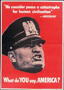 "¿Qué dices TÚ, AMÉRICA?", Póster de la Segunda Guerra Mundial de EE.UU. con el rostro de Mussolini, Anónimo, c.1942