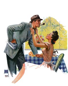 Esposa ajustando la corbata de su marido antes de salir a trabajar de American School