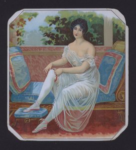 Mujer en negligé, etiqueta de cigarro (chromolitho) de American School