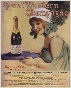 Mujer joven con una botella de champán, anuncio de Great Western Champagne (litografía en color) de American School
