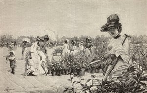 Mujeres paseando en Brera, Milán, Italia, grabado del cuadro Maggio (Mayo) de Amerino Cagnoni (1853-1923), de L
