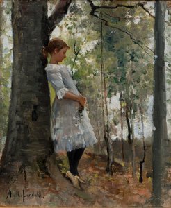 Niña en un bosque de hojas