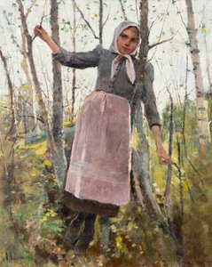 Primavera; Niña en un bosque de abedules