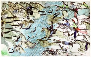 Caballería americana retirándose a través de un río perseguida por guerreros nativos americanos, c. 1900
