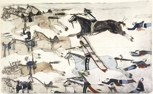 Batalla de Little Big Horn 25-26 de junio de 1876. Retirada de los batallones del 7º de Caballería estadounidense al mando del comandante Marcus Reno. Pintura de Amos Bad Heart Buffalo (Sioux) c. 1900