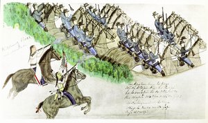 Comienzo de la batalla del río Little Big Horn, Montana, 25 de junio de 1876. Indios de las llanuras y caballería estadounidense. De la pintura del indio sioux Amos Bad Heart Buffalo. de Amos Bad Heart Buffalo