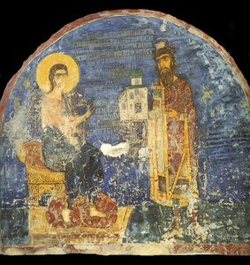 Gran Príncipe Yaroslav II Vsevolodovich con modelo de la Iglesia de Nereditsa ante Cristo de Ancient Russian frescos