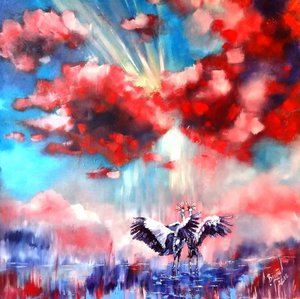 Dos grullas, nubes rojas de Anda Bieza