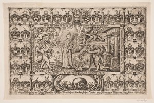 Sophie Brockenhuus y cuatro genios, rodeados de escudos de armas. De sermón fúnebre