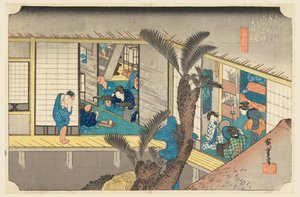 Akasaka, Interior de una posada, en Las Cincuenta y Tres Estaciones del Camino Tokaido (Tokaido Gojusan Tsugi-no Uchi) de Ando Hiroshige