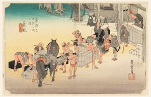 Estación de Fujiyeda, en Las Cincuenta y Tres Estaciones del Camino Tokaido (Tokaido Gojusan Tsugi-no Uchi) de Ando Hiroshige