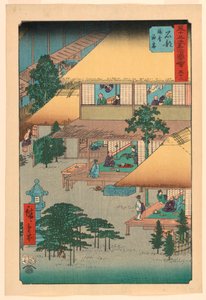 Ishibe: Huéspedes en la posada (Isibe, ryosha tomarikyaku) de la serie 53 estaciones del Tokaido de Ando Hiroshige