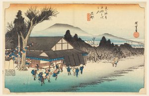 Ishibe (Megawa Sato), en Las cincuenta y tres estaciones del camino Tokaido (Tokaido Gojusan Tsugi-no Uchi) de Ando Hiroshige