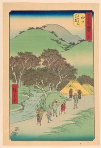 Minakuchi: famosos pinos al pie del monte Hiramatsu (Minakuchi, meisho Hiramatsu yama no fumoto) de la serie 53 estaciones de Tokaido de Ando Hiroshige