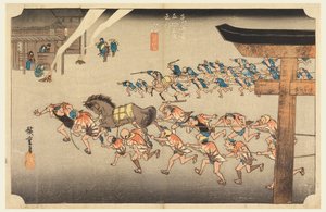 Miya (Festival del Templo Atsuta Jiuji), en Las Cincuenta y Tres Estaciones del Camino Tokaido (Tokaido Gojusan Tsugi-no Uchi) de Ando Hiroshige
