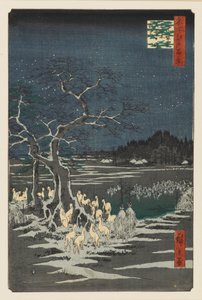 Fuegos de zorro en la víspera de Año Nuevo en el Árbol Cambiante, Oji, siglo XIX de Ando Hiroshige