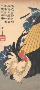 Gallo, paraguas y glorias de la mañana de Ando Hiroshige