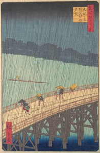 Lluvia repentina sobre el puente Shin-Ohashi y Atake Ohashi Atake no yudachi, de la serie..., 1857 de Ando Hiroshige