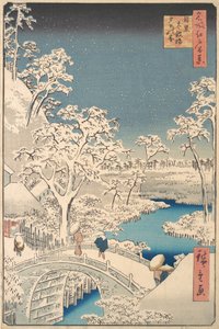 El puente Taiko Drum y el montículo Yuhi en Meguro, 1857