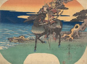 Guerrero Montando Caballo Negro a lo Largo de la Orilla del Mar, ca. 1835 de Ando Hiroshige