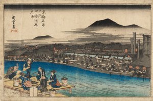 Grabado en madera - Vista nocturna en Shijo Kawaramachi, 1797-1858