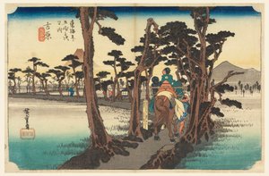 Yoshiwara, Fuji, Vista trasera, en Las Cincuenta y Tres Estaciones del Camino Tokaido (Tokaido Gojusan Tsugi-no Uchi) de Ando Hiroshige