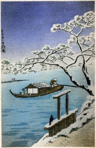 Geografía. Japón. Río en invierno. Xilografía de Hiroshige en: Cincuenta y tres estaciones del Tokaido (1833-1834). Tarjeta postal, Japón, c.1900 (postal)