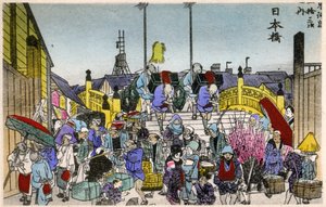 Geografía. Japón. El resplandor de la mañana en Nihonbashi (1ª estación). Xilografía de Hiroshige en: Cincuenta y tres estaciones del Tokaido (1833-1834). Tarjeta postal, Japón, c.1900 (postal) de Ando or Utagawa (after) Hiroshige