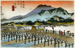 Geografía. El resplandor de la mañana en Nihonbashi (estación 55). Xilografía de Hiroshige en: Cincuenta y tres estaciones del Tokaido (1833-1834). Tarjeta postal, Japón, c.1900 (postal)