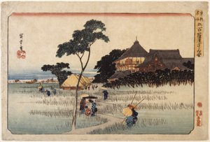 (Gran edificio con cabañas debajo) de Ando or Utagawa Hiroshige