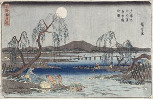 Pescando peces a la luz de la luna en el río Tama, de la serie 
