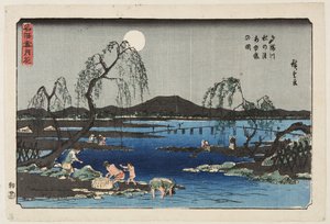 Pescando Sweetfish en el río Tama bajo la luna de otoño de Ando or Utagawa Hiroshige
