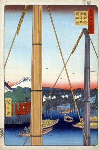 ""Cien Vistas Famosas de Edo""(ahora Tokio): Puente Inari y Templo Minato en Teppozu. Vista de la ciudad de Tokio en Japón con el Monte Fuji al fondo. (El santuario del puerto y el puente Inari en Teppozu (Cien vistas famosas de Edo). Impresión de Japón de Ando or Utagawa Hiroshige