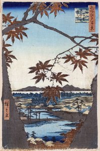 "" Cien vistas famosas de Edo "" (Tokyo de hoy): hojas de arce en Mama con el templo Tekona y el puente Tsugi. Vista de la ciudad de Tokio en Japón. (Hojas de arce y el santuario Tekona y el puente en Mama (Cien vistas famosas de Edo). Xilografía japonesa de Ando or Utagawa Hiroshige