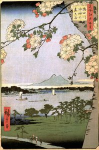 "" Cien vistas famosas de Edo "" (Tokyo de hoy): Massaki y Suijin Woods a orillas del río Sumida detrás de las ramas de los cerezos. Vista de la ciudad de Tokio en Japón. (Massaki y Suijin Grove junto al río Sumida (Cien vistas famosas de E de Ando or Utagawa Hiroshige