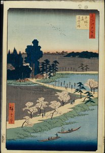 Cien vistas famosas de Edo: Santuario Azuma no mori y el alcanfor entrelazado de Ando or Utagawa Hiroshige