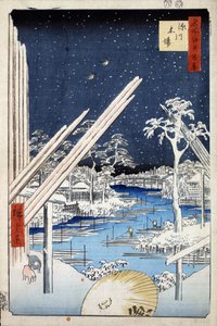 "" Cien vistas famosas de Edo "": Aserradero en Fukagawa. Vista de la ciudad de Tokio en Japón (Aserraderos en Fukagawa (Cien vistas famosas de Edo). Impresión japonesa de Utagawa Hiroshige (1797-1858)