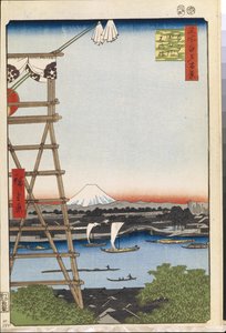 Cien vistas famosas de Edo: Templo Ekoin en Ryogoku y puente Moto-Yanagi de Ando or Utagawa Hiroshige