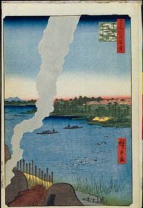 Cien vistas famosas de Edo: Hornos y el ferry de Hashiba en el río Sumida de Ando or Utagawa Hiroshige