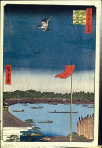 Cien vistas famosas de Edo: Salón Komakata y Puente Azuma de Ando or Utagawa Hiroshige